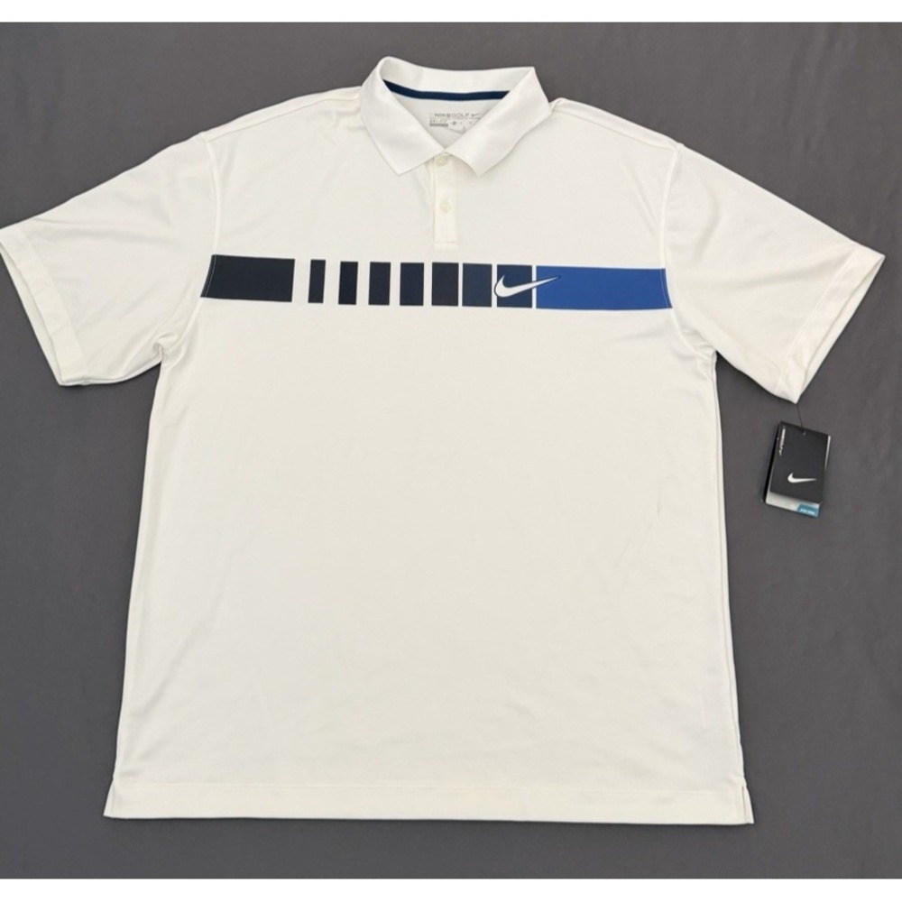 Nike Polo Golf Shirt Mens Size XL White Blue Dri Fit Swoosh Logo Stretch NEW!